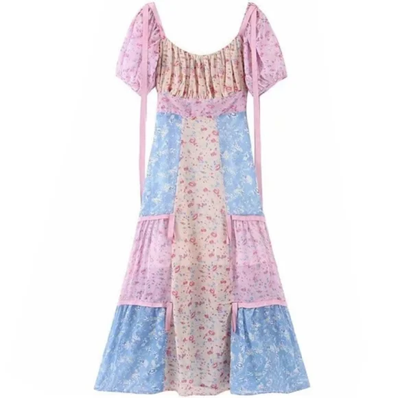 Floral Chiffon Multi-Color Square Neck Puff Sleeve Maxi Dress - Picture 11 of 16